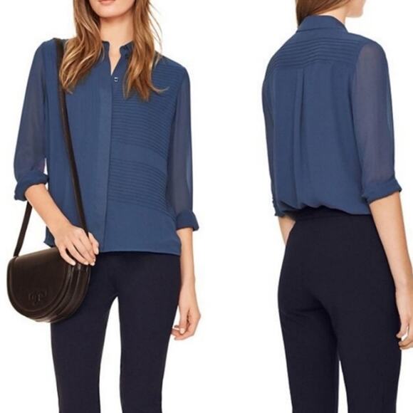Tory Burch Top Womens 12 Silk Button Front Pintuck Chiffon Harbor Blue Long Slv - Picture 1 of 12